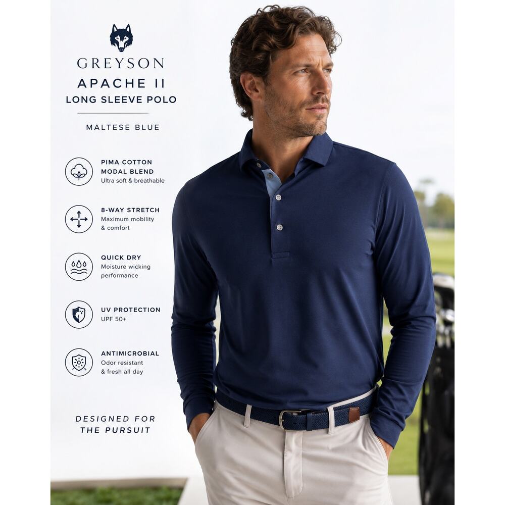 Greyson Apache II Long Sleeve Polo Mens Medium Navy Maltese Blue Golf NWT